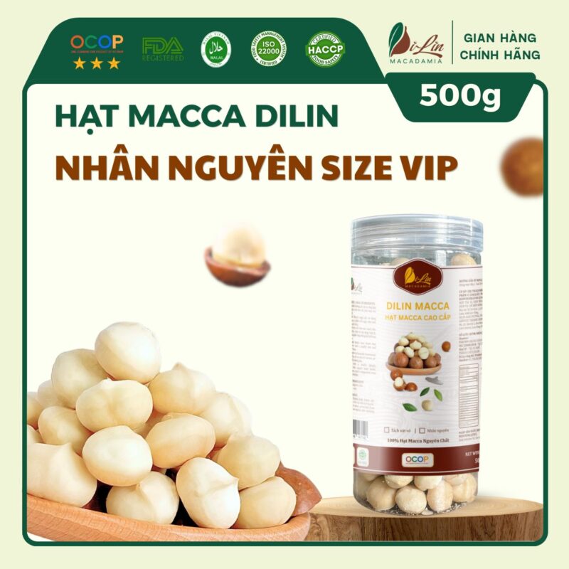 Nhân Macca DiLin Nguyên Hạt Sấy Chín - Size Vip (lon 500g)